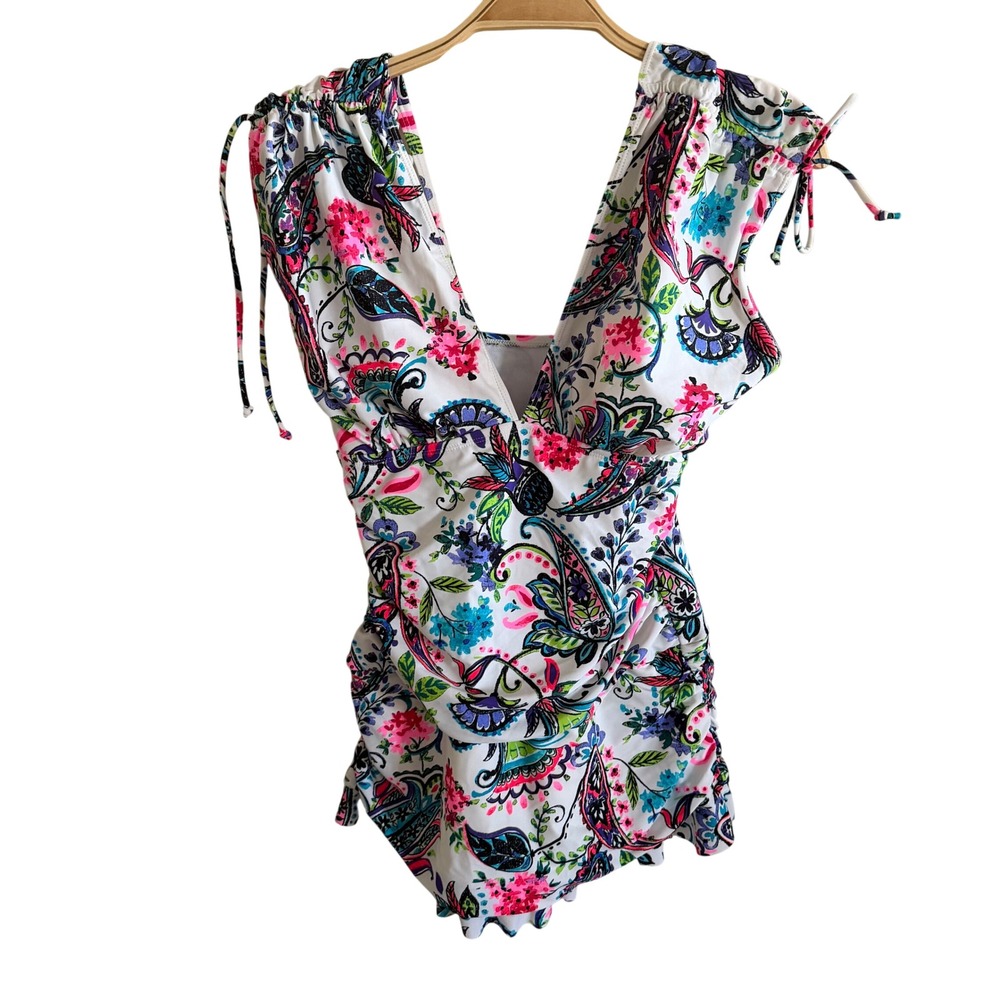 Mazu Swim Womens Size 10 Paisley Floral V-Neck Ruched Swimdress White Multicolor
